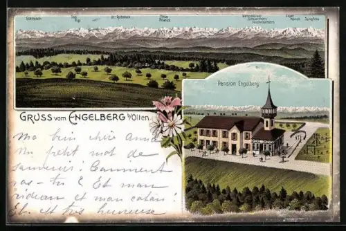 Lithographie Engelberg b. Olten, Pension Engelberg mit Alpenpanorama