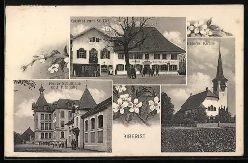 AK Biberist, Gasthof zum St. Urs, Neues Schulhaus und Turnhalle, Reform. Kirche