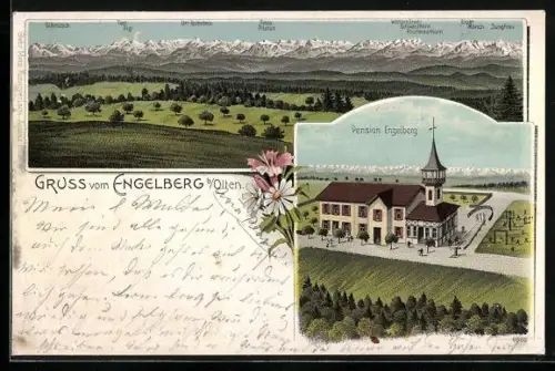 Lithographie Engelberg b. Olten, Pension Engelberg mit Alpenpanorama