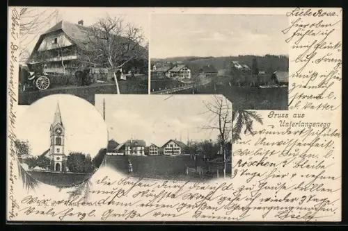 AK Unterlangenegg, Ortsansicht vom Feld aus, Kirche, Ortspartie mit Wohnhäusern