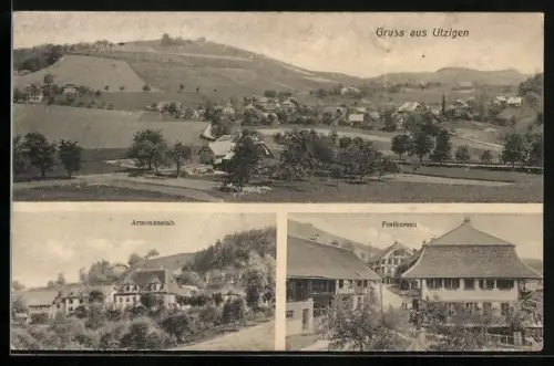 AK Utzigen, Postbureau, Armenanstalt, Ortsansicht aus der Vogelschau