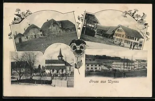 AK Wynau, Ortspartie mit Blick auf die Kirche, Wohn- und Wirtschaftsgebäude
