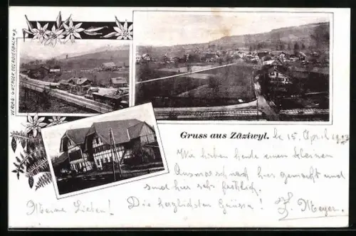 AK Zäziwyl, Gasthof, Bahnhof mit Eisenbahnstrecke, Ortsansicht aus der Vogelschau