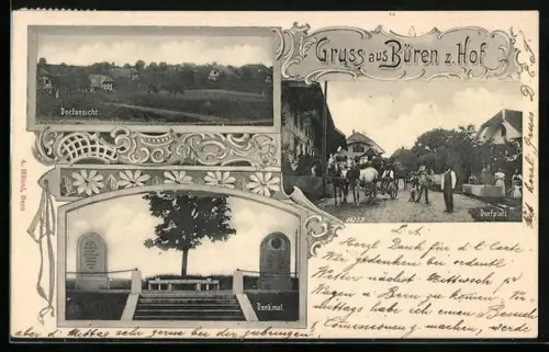 AK Büren z. Hof, Ortsansicht vom Feld aus, Denkmal, Platz mit Pferdefuhrwerk