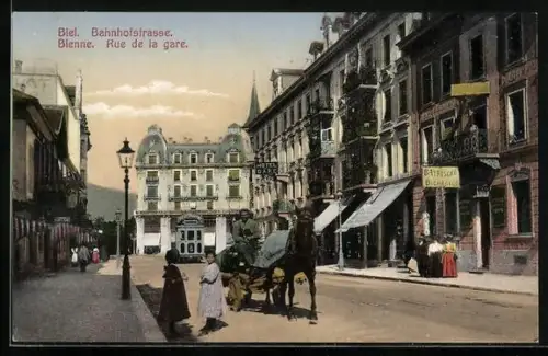 AK Biel / Bienne, Bahnhofstrasse, Rue de la gare, Kutsche, Bayrische Bierallee
