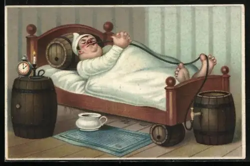 Künstler-AK Mann schläft in seinem Bett umgeben von Bierfässern mit einem Schlauch im Mund