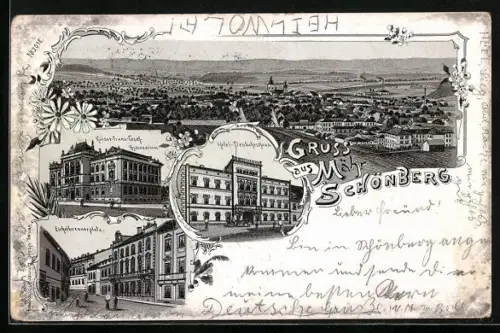 Lithographie Mähr. Schönberg, Hotel Deutsches Haus, Strassenpartie am Eichelbrennerplatz