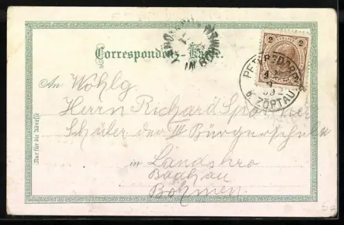 Lithographie Mähr. Schönberg, Hotel Deutsches Haus, Strassenpartie am Eichelbrennerplatz