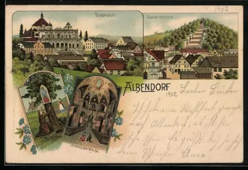 Lithographie Albendorf, Totalansicht, Calvarienberg, Innenansicht der Kirche