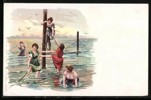 Lithographie junge Frauen vergnügen sich am Strand
