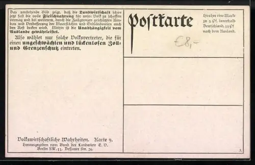 Künstler-AK durchschn. Jahresverbrauch d. deutschen Volkes in Fleisch, Knabe mit Spielzeug vor Schwein & Rind stehend