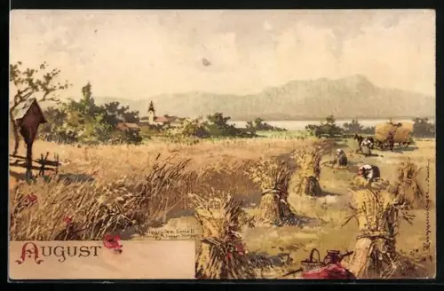 Künstler-AK T.Guggenberger: Monatsgrüsse, August, Bauern bei der Feldarbeit, Blume