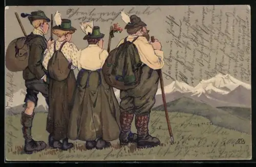 AK Die Lodenfremden, Bergsteiger schauen in die Ferne