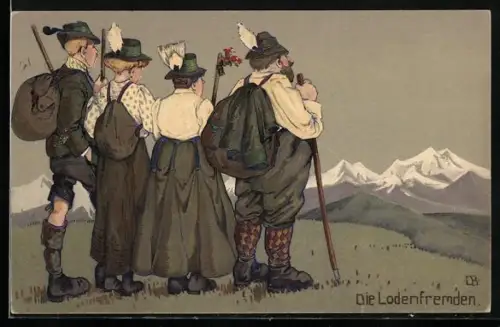 AK Die Lodenfremden, Bergsteiger schauen in die Ferne