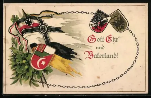 AK Gott Ehr` und Vaterland!, Fahnen von Deutschland u. Österreich, Wappen von Türkei u. Bulgarien, Kriegsverbündete