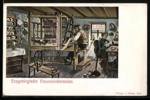 AK Erzgebirgische Posamentierstube, klöppeln, Spinnrad