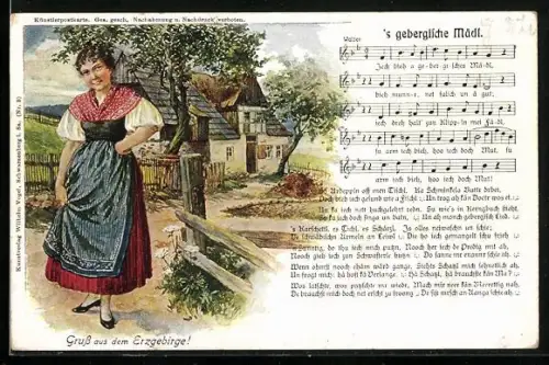 Lied-AK s gebergische Mädl, Junge Bäuerin in Tracht aus dem Erzgebirge