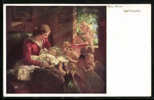 Künstler-AK Thomas Riss: Familienglück, Mutter mit Kind umgeben von Engeln