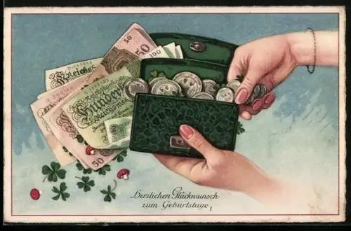 AK Geldbörse mit Münzen und Scheinen, Geburtstagsgruss