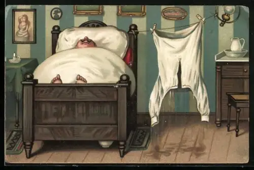 AK Mann schläft neben einer Wäscheleine mit nassem Hemd