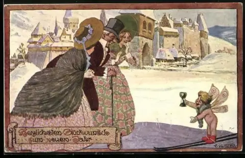 Künstler-AK Ernst Kutzer: Spaziergänger treffen am Neujahrstag auf einen Winterengel