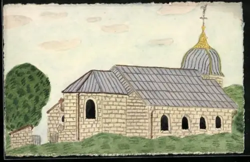Künstler-AK Handgemalt: Kirche und Baum