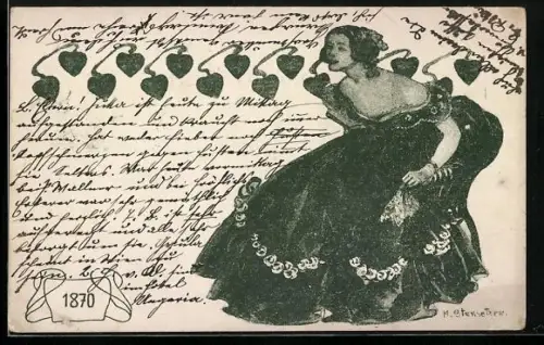 AK Frau mit vielen Herzen, Jugendstil, 1870