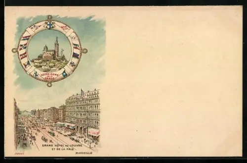 Lithographie Marseille, Grand Hotel du Louvre et de la Paix, Notre-Dame de la Garde