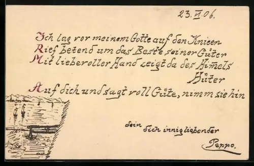 Künstler-AK Handgemalt: Flusspartie mit Segelschiffen