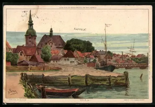 Künstler-AK Carl Biese: Kappeln / Schlei, Uferpartie mit Kirche