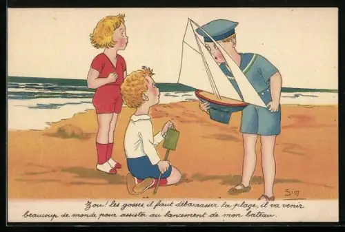Künstler-AK Junger Matrose mit kleinem Segelboot redet auf Kinder am Strand ein