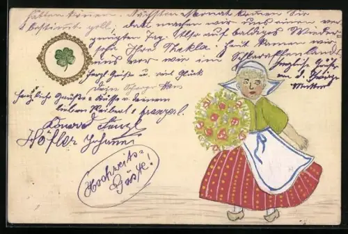 Künstler-AK Handgemalt: Frau in Tracht mit Blumenstrauss