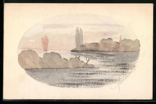 Künstler-AK Handgemalt: Segelboot auf einem See