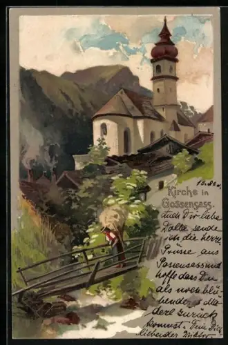 Lithographie Gossensass, Idyll bei der Kirche