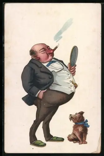 Künstler-AK Dicker Mann im Anzug und mit Spiegel bewundert seine Schönheit, Neujahresgruss, Scherz