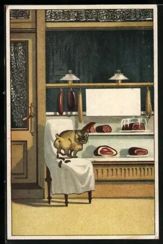 AK Boudin, Saucisses et Andouillettes, Scherz, Defäkierender Hund vor Wurstauslage