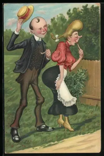 Künstler-AK Stattlicher Herr umgarnt ein Dienstmädchen im Garten