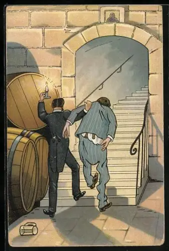 AK Zwei Betrunkene in einem Bierkeller
