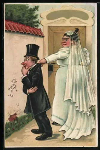 AK Frau zerrt einen Mann zum Standesamt