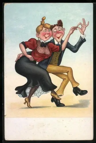 AK Karikatur eines Paares beim Tanzen