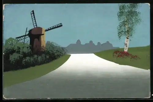 Künstler-AK Handgemalt: Landschaft mit Windmühle