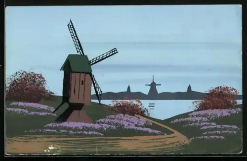 Künstler-AK Handgemalt: Windmühlen am See