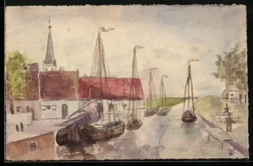 Künstler-AK Handgemalt: Segelboote auf einem Kanal