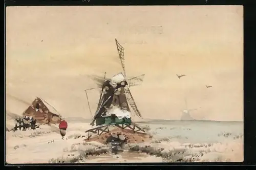 Künstler-AK Handgemalt: Winterlandschaft mit Windmühlen