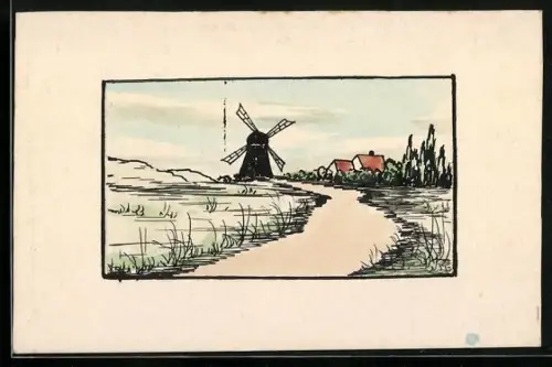 Künstler-AK Handgemalt: Windmühle am Kanal