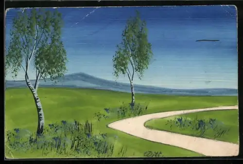 Künstler-AK Handgemalt: Schablonenmalerei einer Wiesenlandschaft mit Feldweg