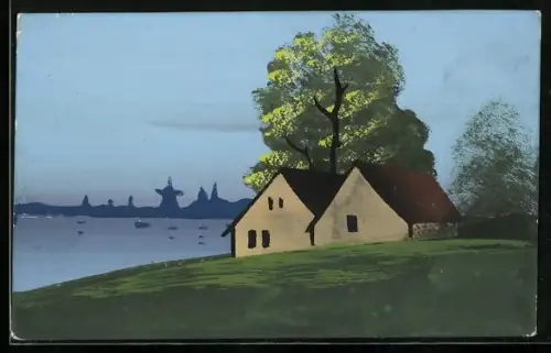 Künstler-AK Handgemalt: Schablonenmalerei einer Siedlung an einem See