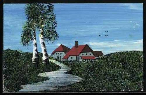 Künstler-AK Handgemalt: Schablonenmalerei einer schönen Landschaft mit Landhaus