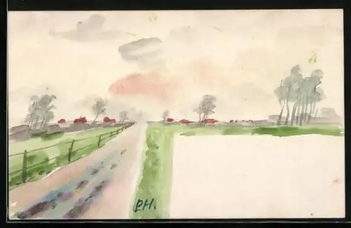 Künstler-AK Handgemalt: Weg an Feldern und Wiesen