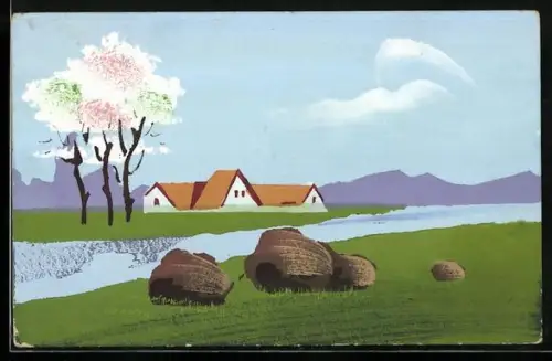 Künstler-AK Handgemalt: Landschaftsbild mit Gutshof